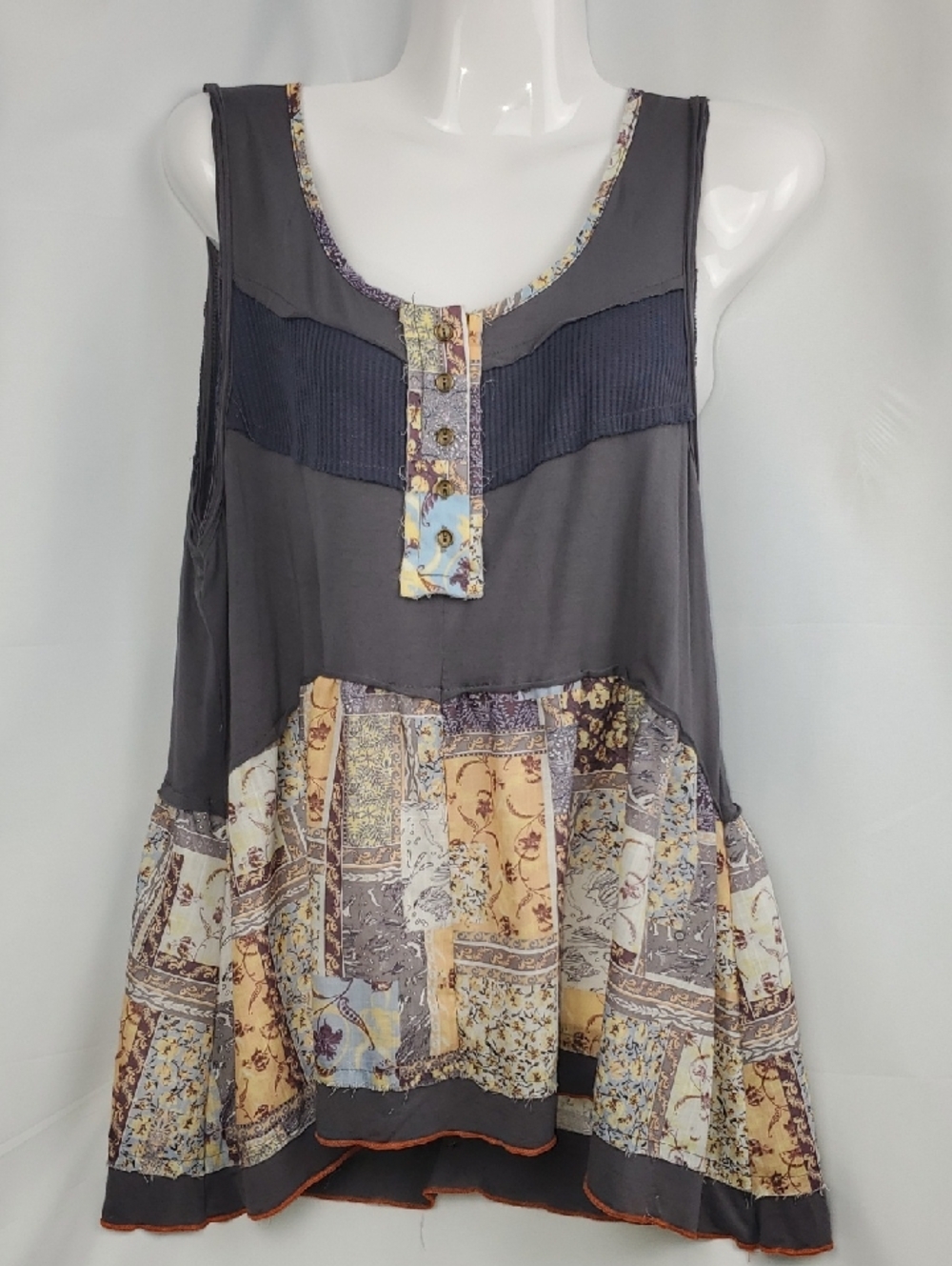 P O L Sleeveless Patchwork Hem Tunic Top - Slate/Blue/Buttercup